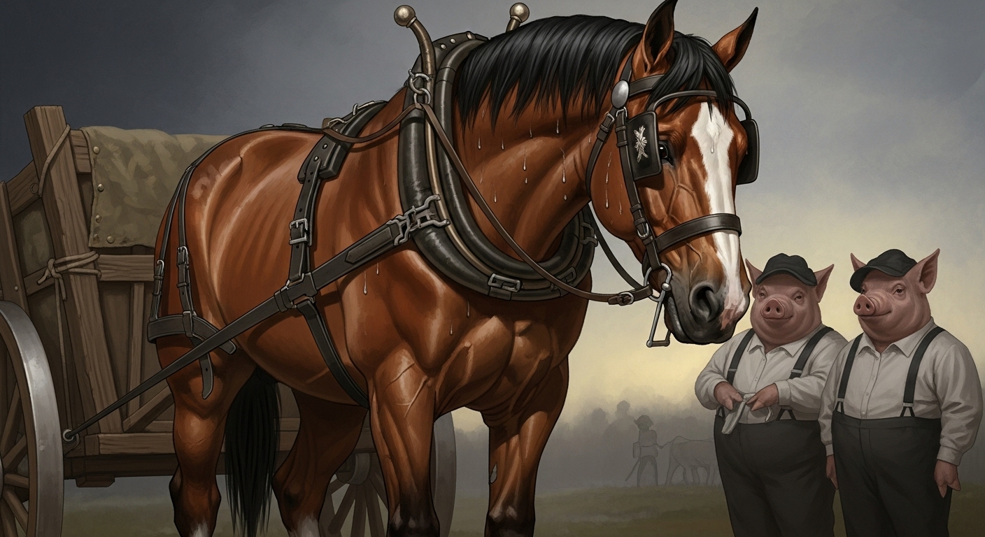 동물농장의 충직하고 근면한 말 복서가 농장을 위해 힘겹게 일하는 모습.