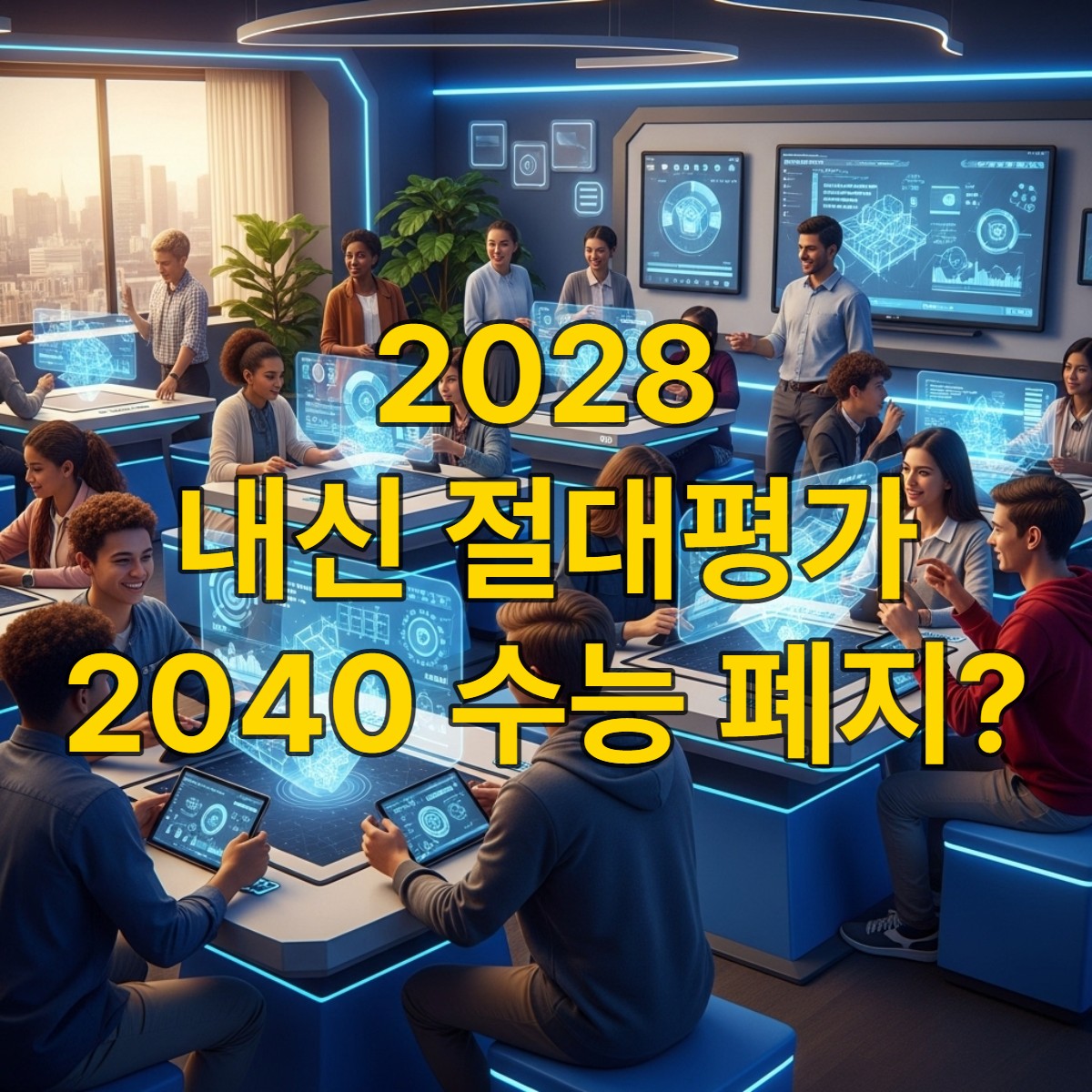 미래형 교실에서 학생들이 태블릿과 홀로그램 디스플레이를 활용해 협동 학습을 하는 모습. 암기 대신 토론과 문제 해결에 집중하는 밝고 활기찬 분위기.