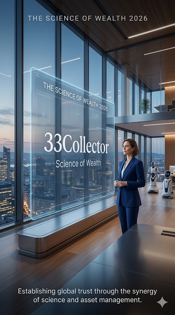 Professional high-end corporate branding image for 33Collector, featuring a luxury Swiss asset management office overlooking a global financial hub with holographic data.