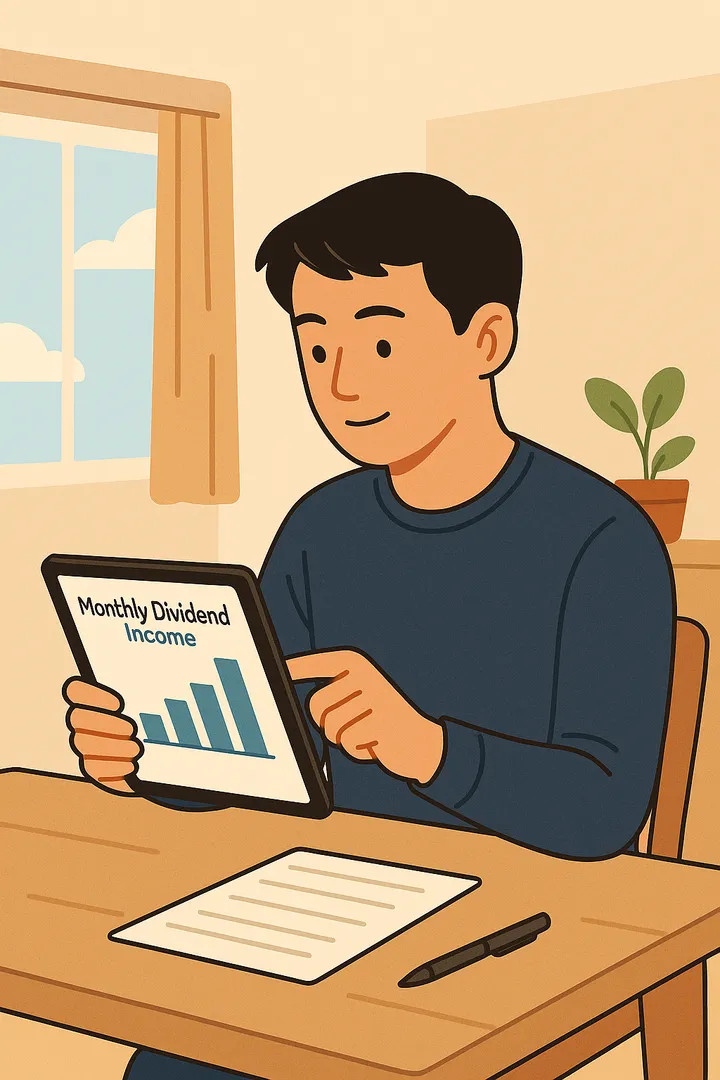 배당 수익을 태블릿으로 확인하는 남성의 일러스트