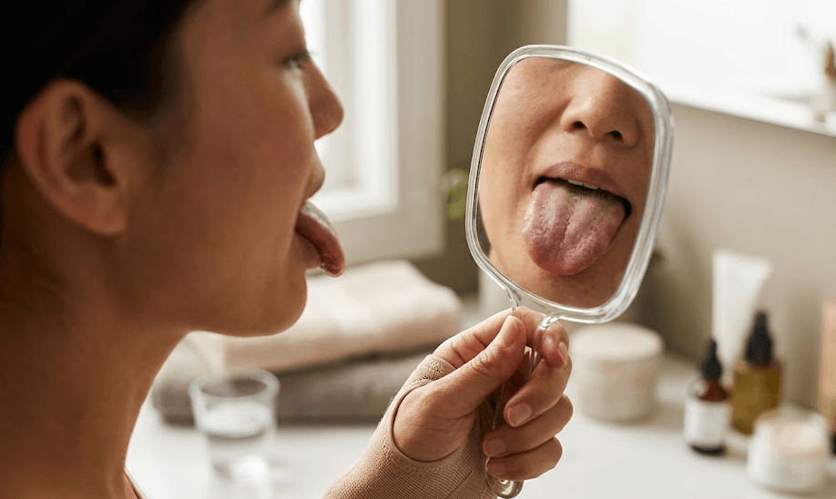 작은 손 거울을 들고 혀의 표면을 자세하게 관찰하며 혀의 건강 상태를 확인하고 있는 여성