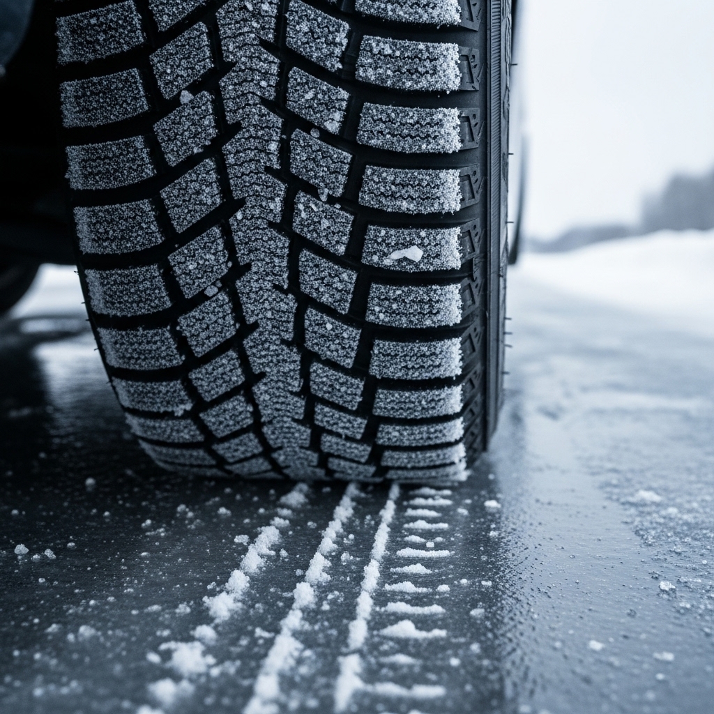 블랙아이스 도로 위 겨울용 스노타이어의 접지력을 강조하는 클로즈업 이미지_3