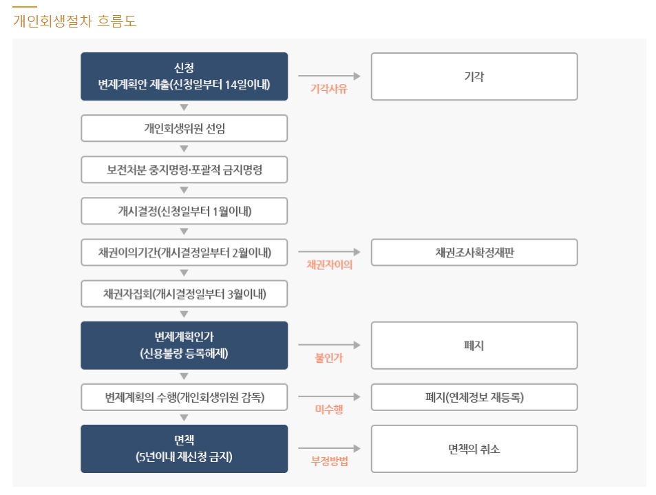 개인 회생 절차의 흐름도를 나타내는 화면
