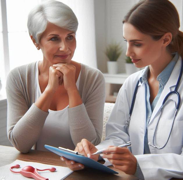 갱년기 불균형 해소를 위해 산부인과 전문의와 상담을 받고 있는 여성