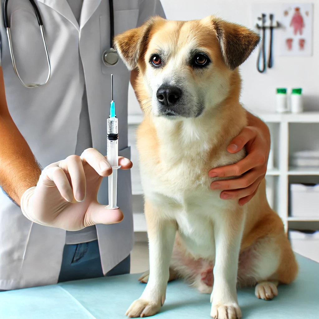수의사가 강아지에게 렙토스피라증 백신을 접종하기 위해 주사를 준비하는 모습