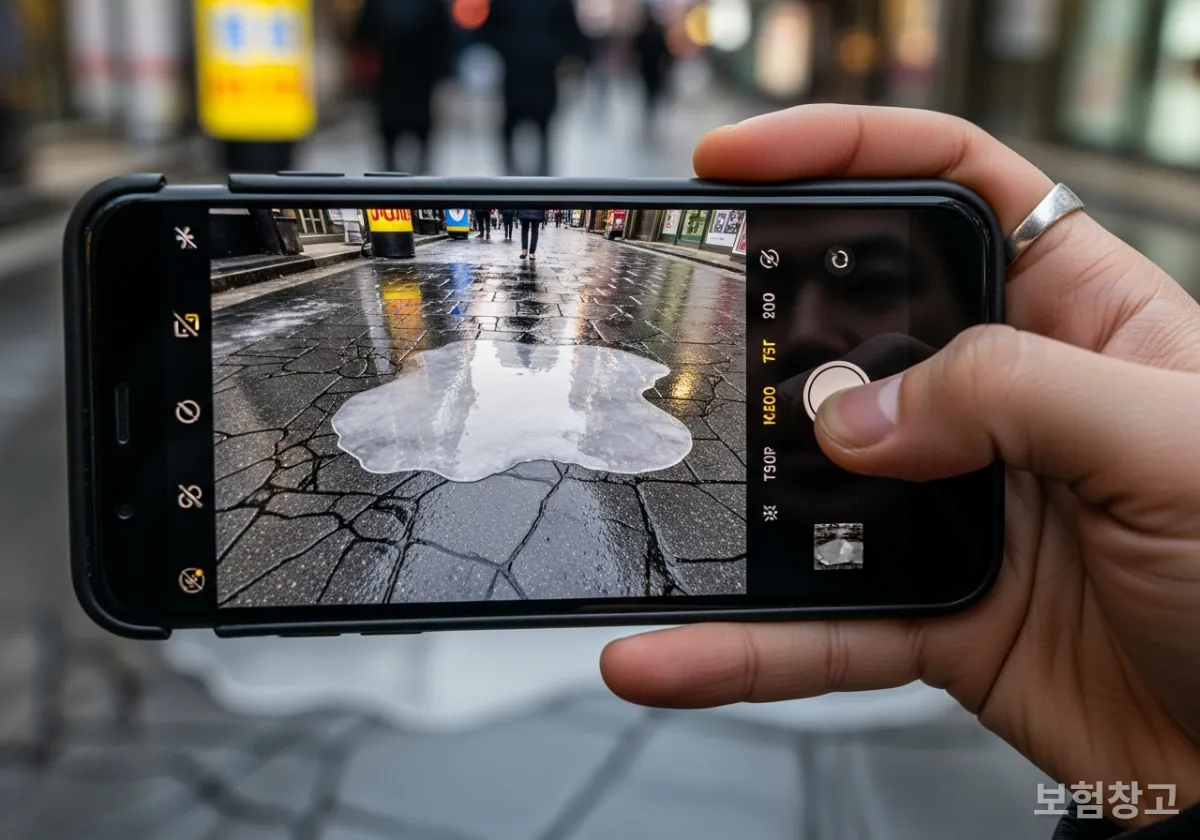 빙판길 사고 현장 증거 사진을 스마트폰으로 촬영하는 모습