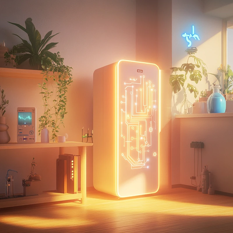 UV LED 기술이 적용되어 실내를 깨끗하고 건강하게 유지해주는 에어컨. 과학적인 느낌과 은은한 파스텔 톤이 건강한 실내 환경을 돋보이게 한다. 위생과 안전성에 중점을 둔 혁신적인 기술이 돋보인다.