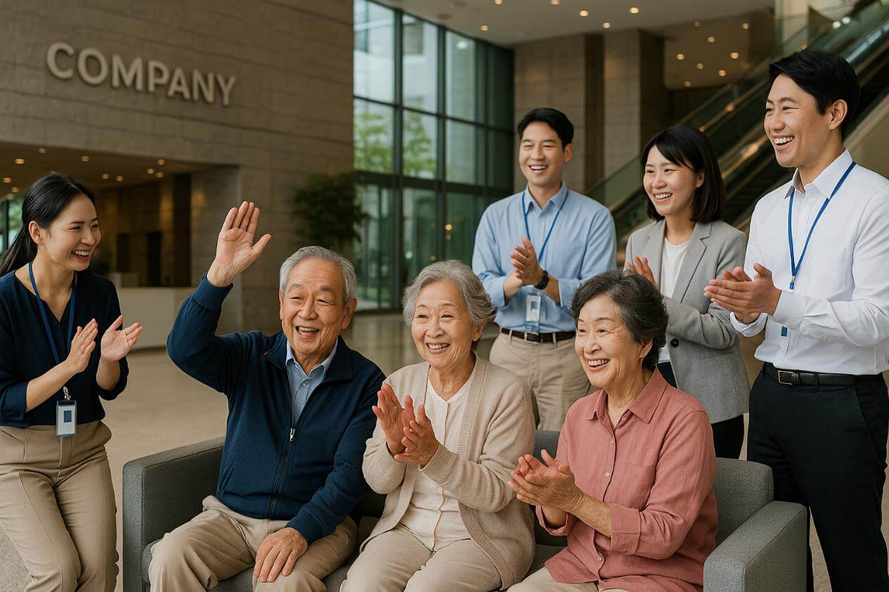 노인들과 직장인들이 함께 웃으며 박수 치는 단체 사진.
