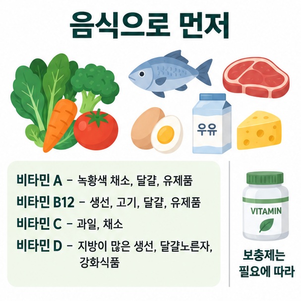 채소 과일 생선 달걀 유제품과 영양제 아이콘으로 비타민 섭취 경로를 비교한 이미지