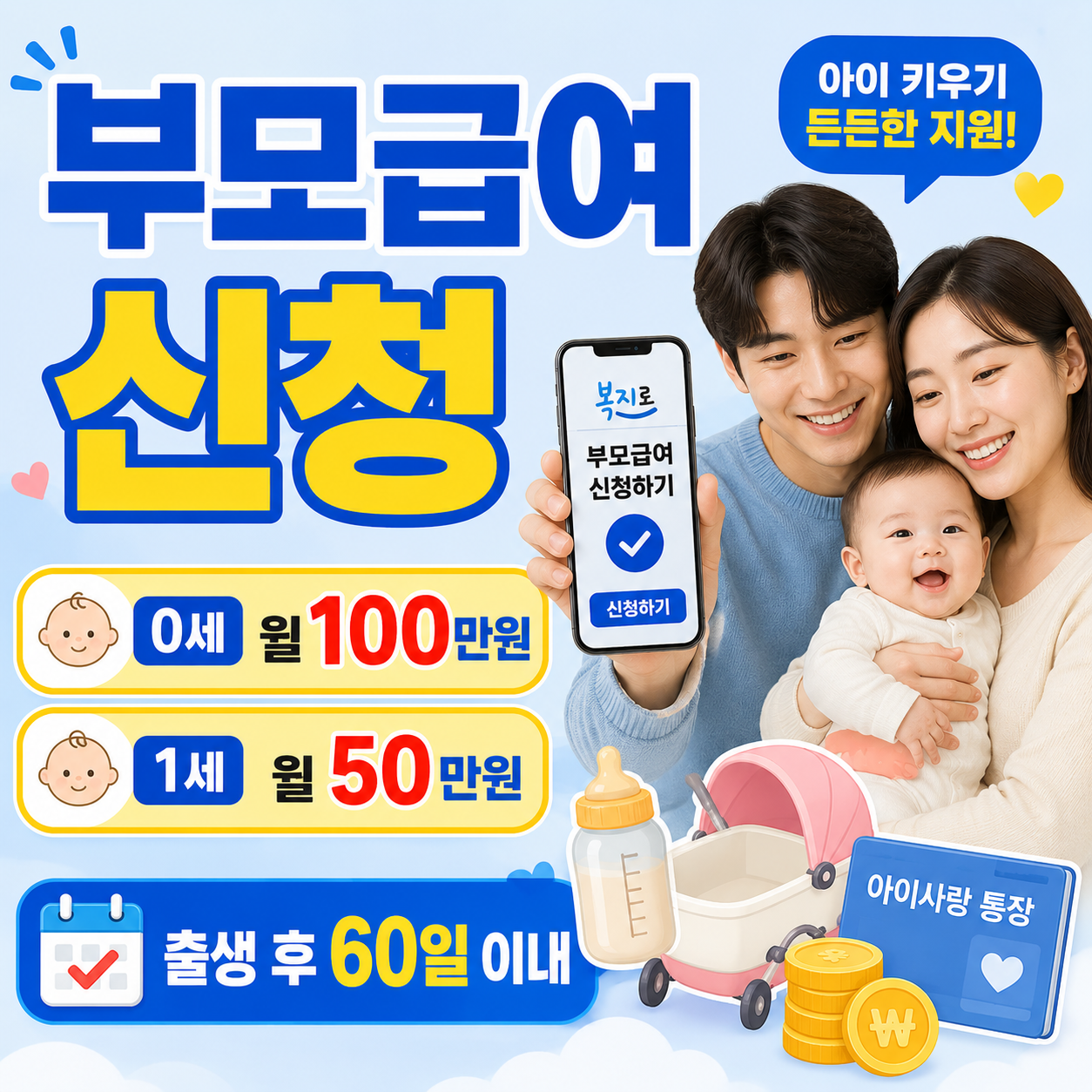 부모급여 신청 안내 썸네일로 신생아를 안고 있는 부모와 복지로 신청 화면, 아기 용품과 통장 아이콘, 0세 월 100만원, 1세 월 50만원, 출생 후 60일 이내 문구가 강조된 이미지
