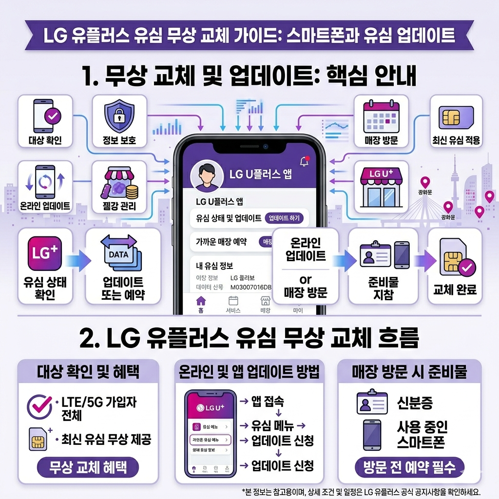 LG 유플러스 유심 무상 교체 대상 확인·예약 방법·준비물·주의사항 인포그래픽