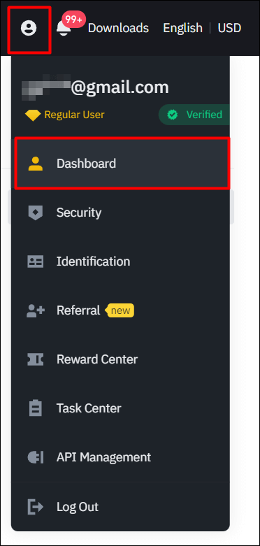 바이낸스 사람모양 아이콘을 누르면 나오는 메뉴 사진