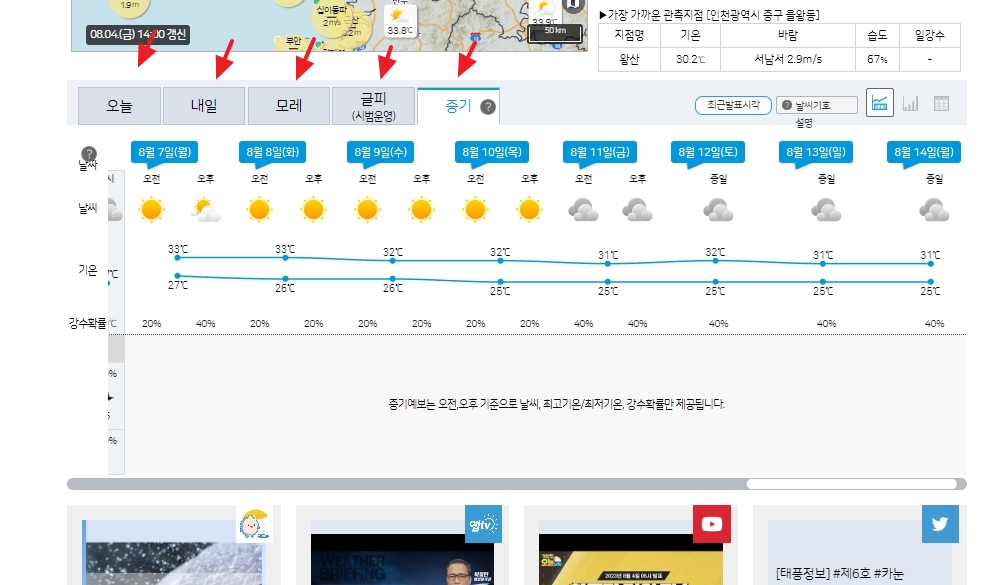 다음주까지 확인 가능한 10일간의 장기 예보 목록 화면