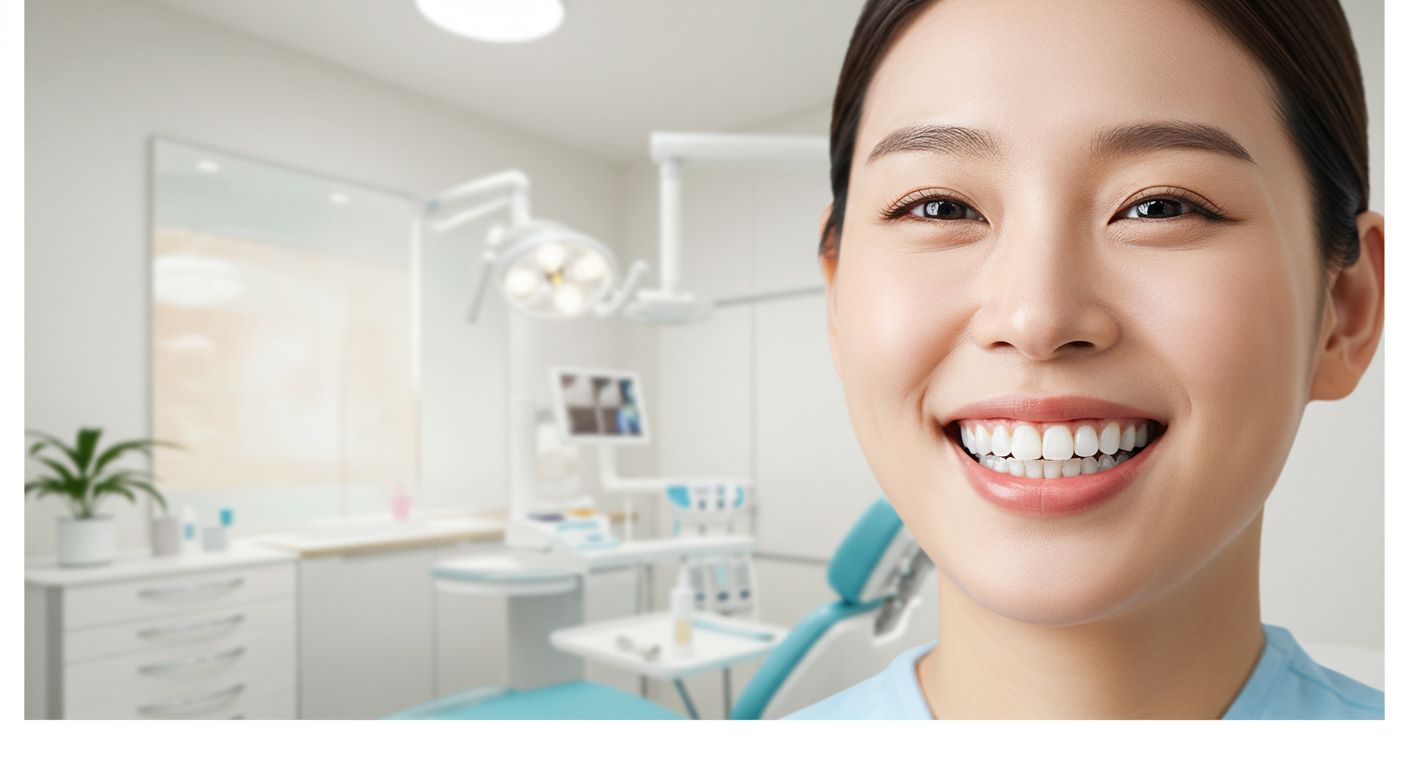 밝은 치과 배경에서 투명교정을 착용하고 미소 짓는 성인의 사실적인 사진, 자연광, 건강한 치아 (성인 치아교정, 투명교정)