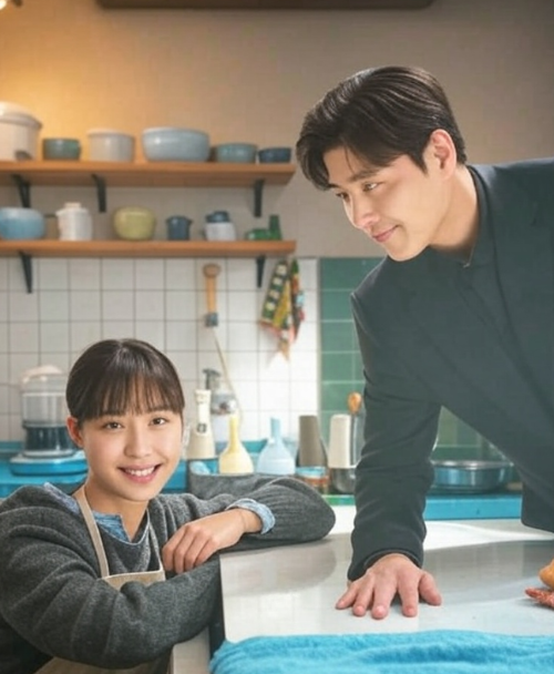 당신의 맛의 두 명의 남,녀 배우가 파란색 행주가 놓인 주방 식탁에서 웃고 있는 모습