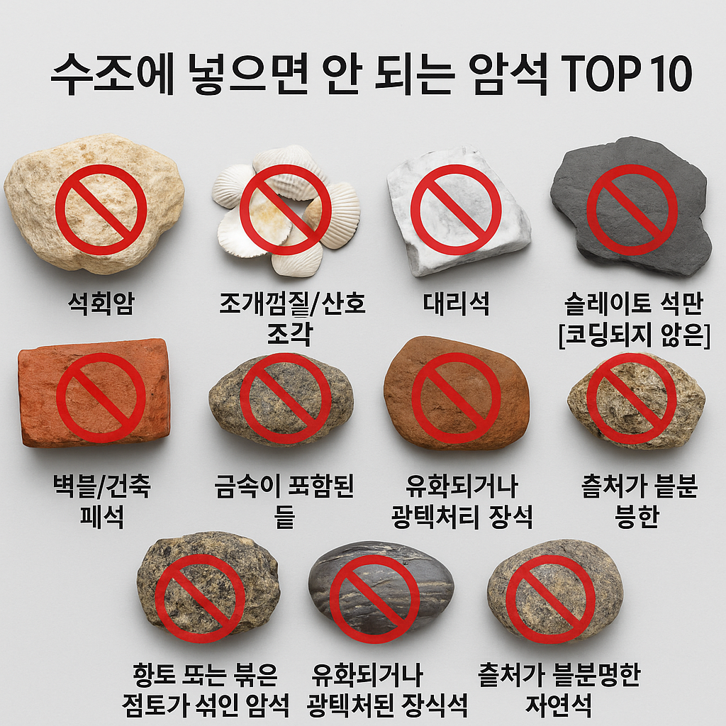수조에 넣으면 안 되는 다양한 암석 10가지 – 석회암, 대리석, 황철석, 조개껍질 등 위험성을 설명하는 이미지