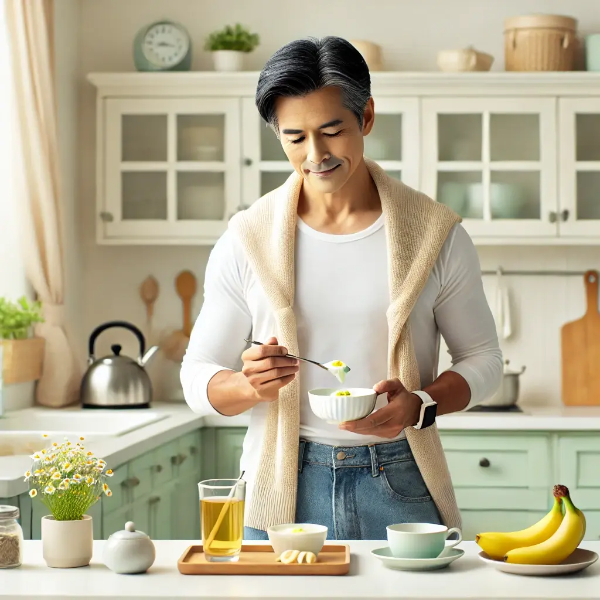 햇살 드는 주방에서 요거트와 바나나, 캐모마일차로 가벼운 아침 식사를 준비하며 미소 짓는 동양인 중년 남성의 초고해상도 사진