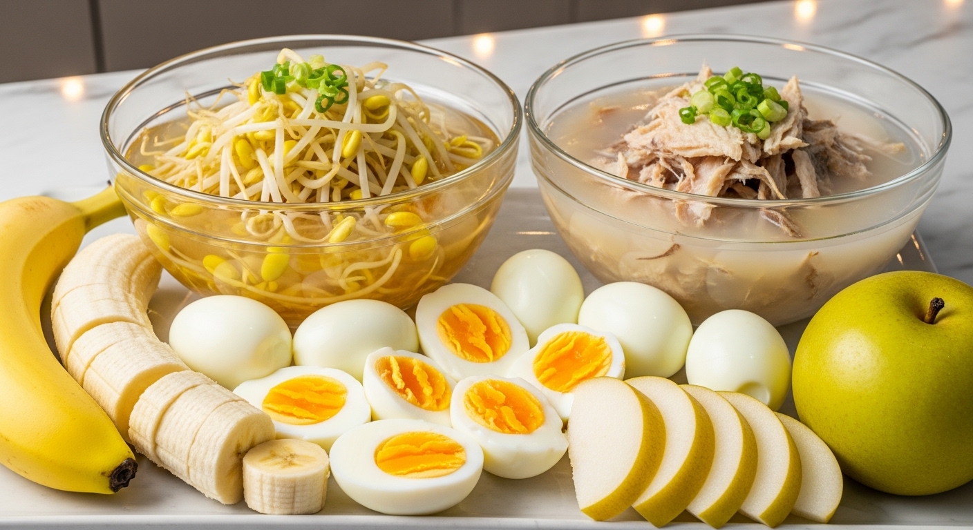 숙취 해소에 좋은 콩나물국, 북엇국, 과일, 삶은 계란 등 다양한 해장 음식.