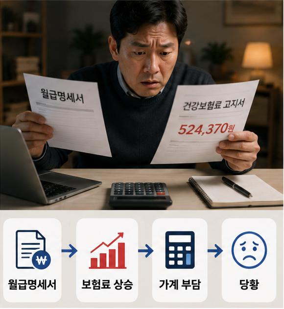 건강보험료 인상과 급여명세서 확인 장면