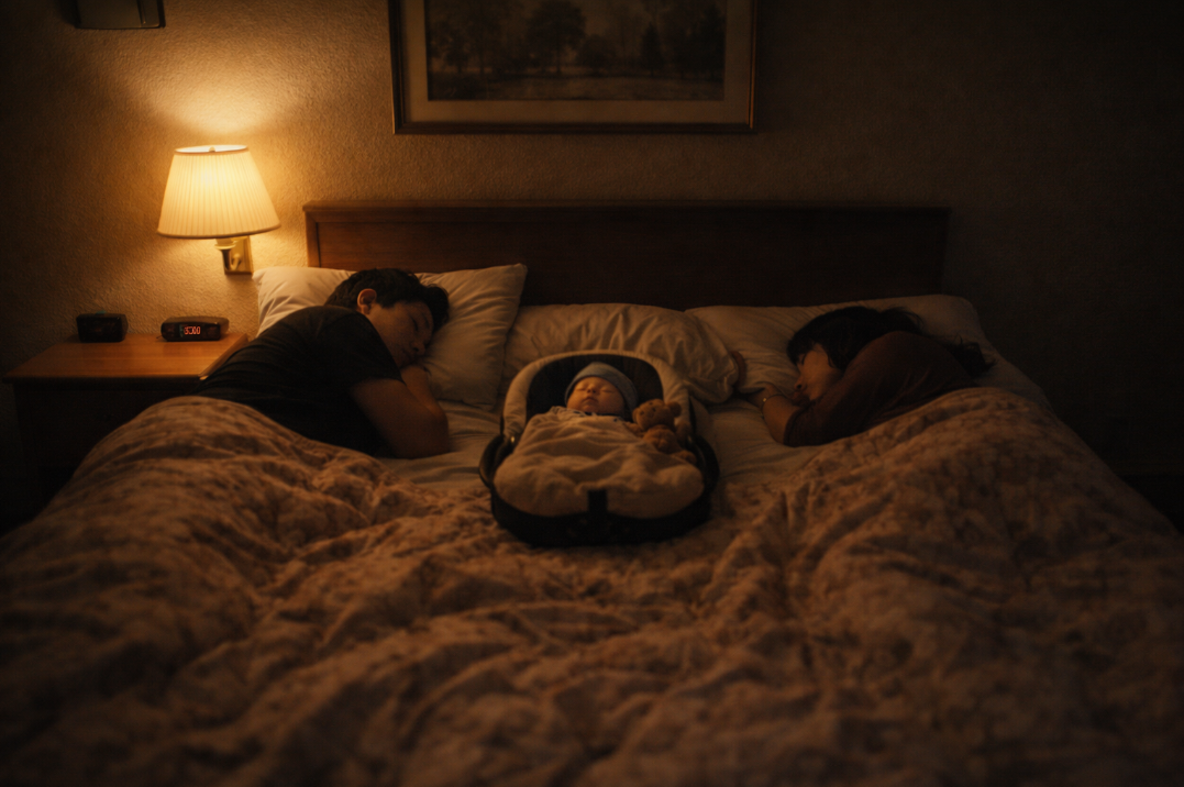 모텔 침대 가운데에 아기를 두고 각자 다른 방향으로 누운 세 어른, 낡은 이불과 낮은 조명이 조용하고 묘한 분위기를 만드는 장면