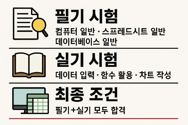 컴활2급자격증 필기시험과 실기시험의 과목 구성, 평가 영역, 합격 조건 등을 쉽게 정리한 인포그래픽 이미지입니다.