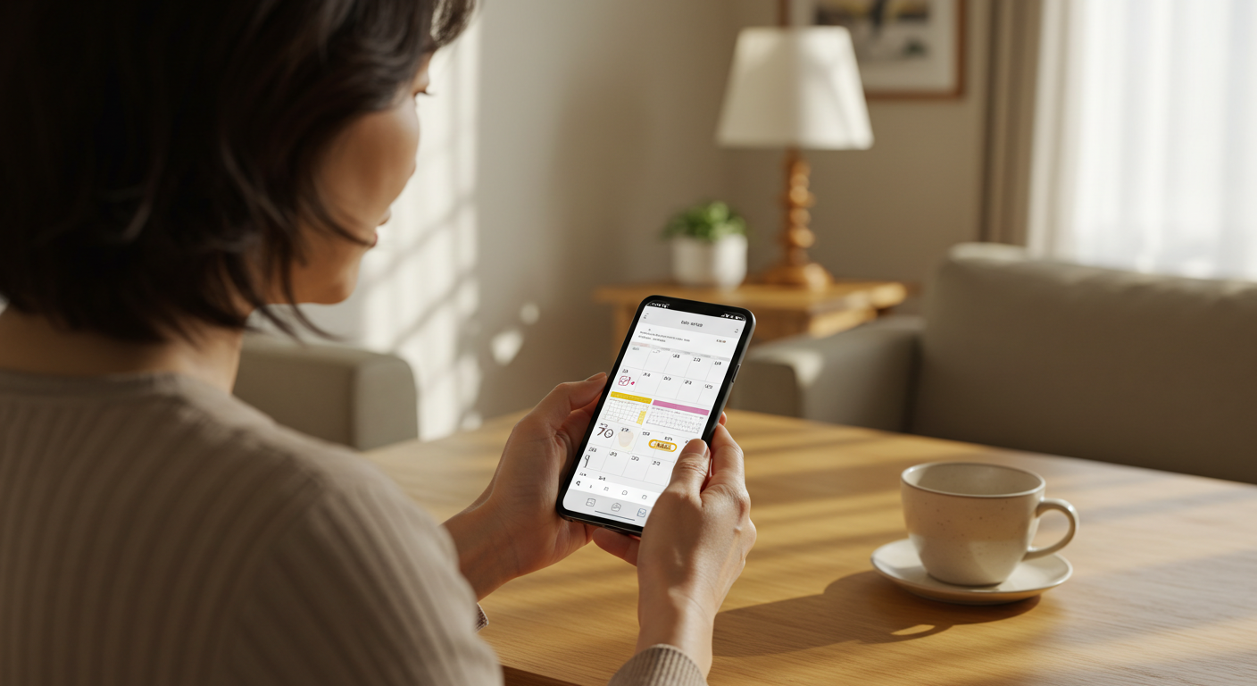 스마트폰 일정 앱을 보는 여성