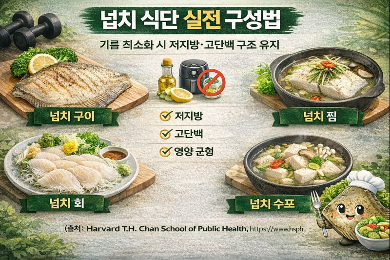 넙치 구이와 샐러드 식단 구성 예시