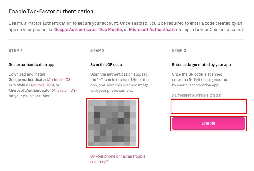 구글 Authenticator 설치를 위한 QR코드와 코드 입력란이 있음