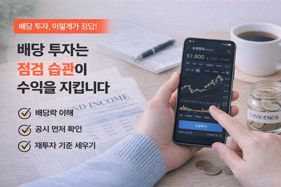 배당락, 공시 확인, 재투자 여부, 세금과 분산 체크를 함께 살피며 배당 투자 실전 점검 항목을 보여주는 이미지입니다.