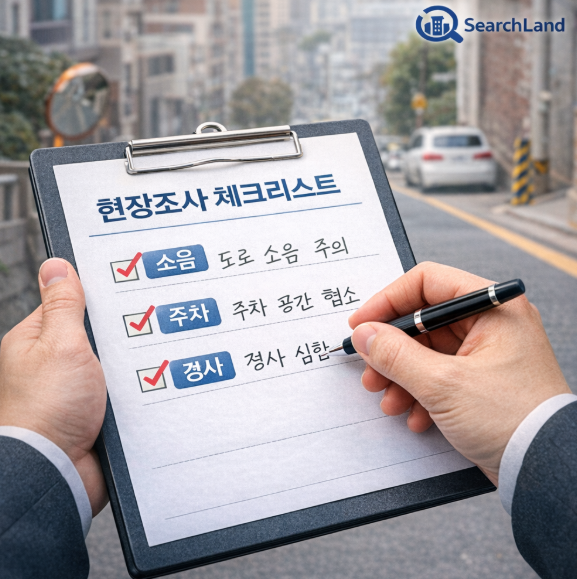 현장조사 체크리스트(소음&middot;주차&middot;경사)를 메모하는 사진(써치랜드)