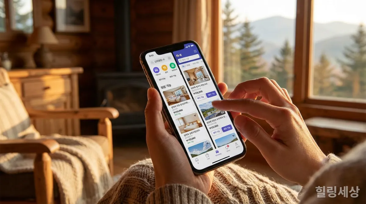스마트폰으로 강원도 감성 숙소 예약 플랫폼을 비교하는 모습