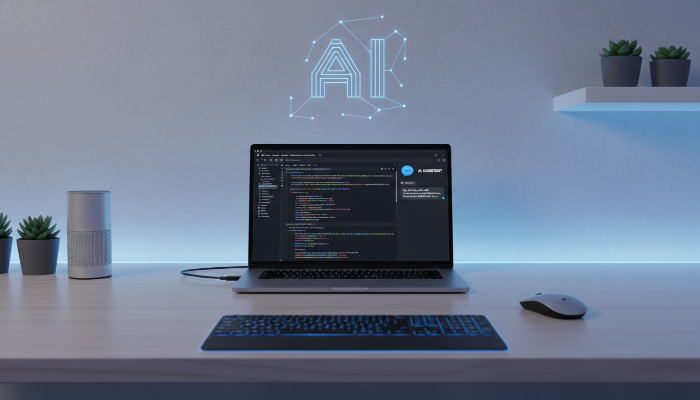 AI를 활용해 코딩과 업무를 수행하는 현대적인 사무실 환경