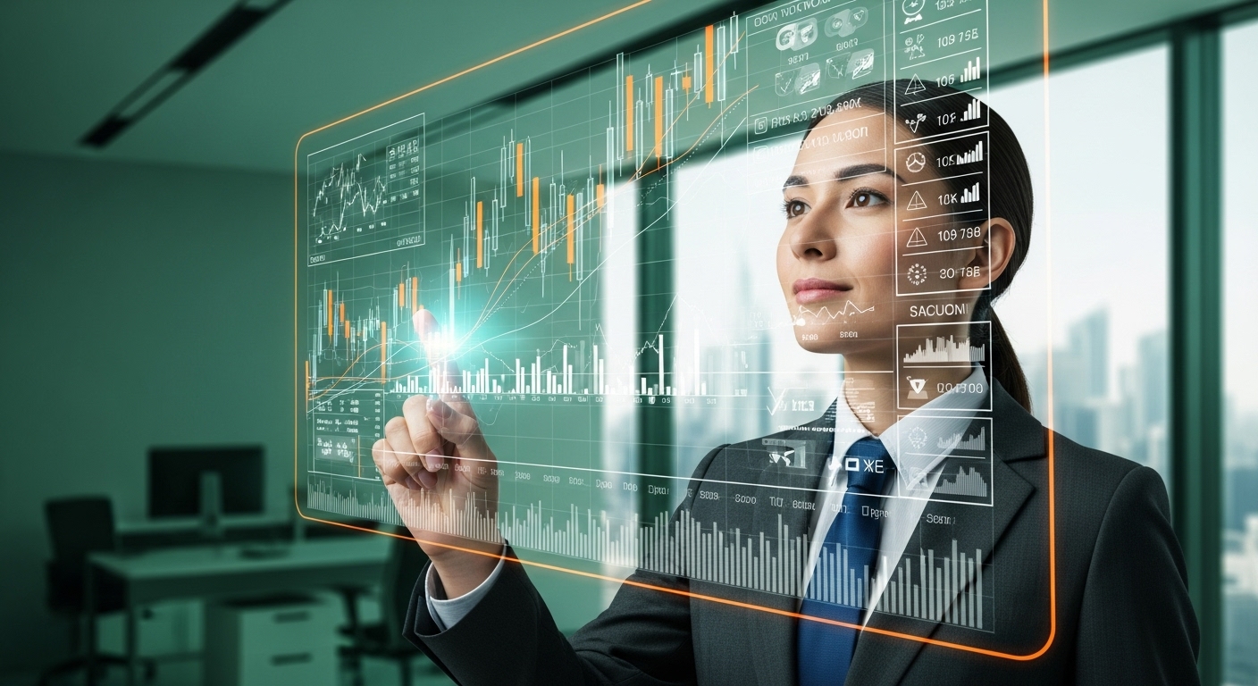 2026년 경제 동향과 투자 전략을 분석하는 직장인, 미래를 예측하며 현명하게 투자하는 모습.
