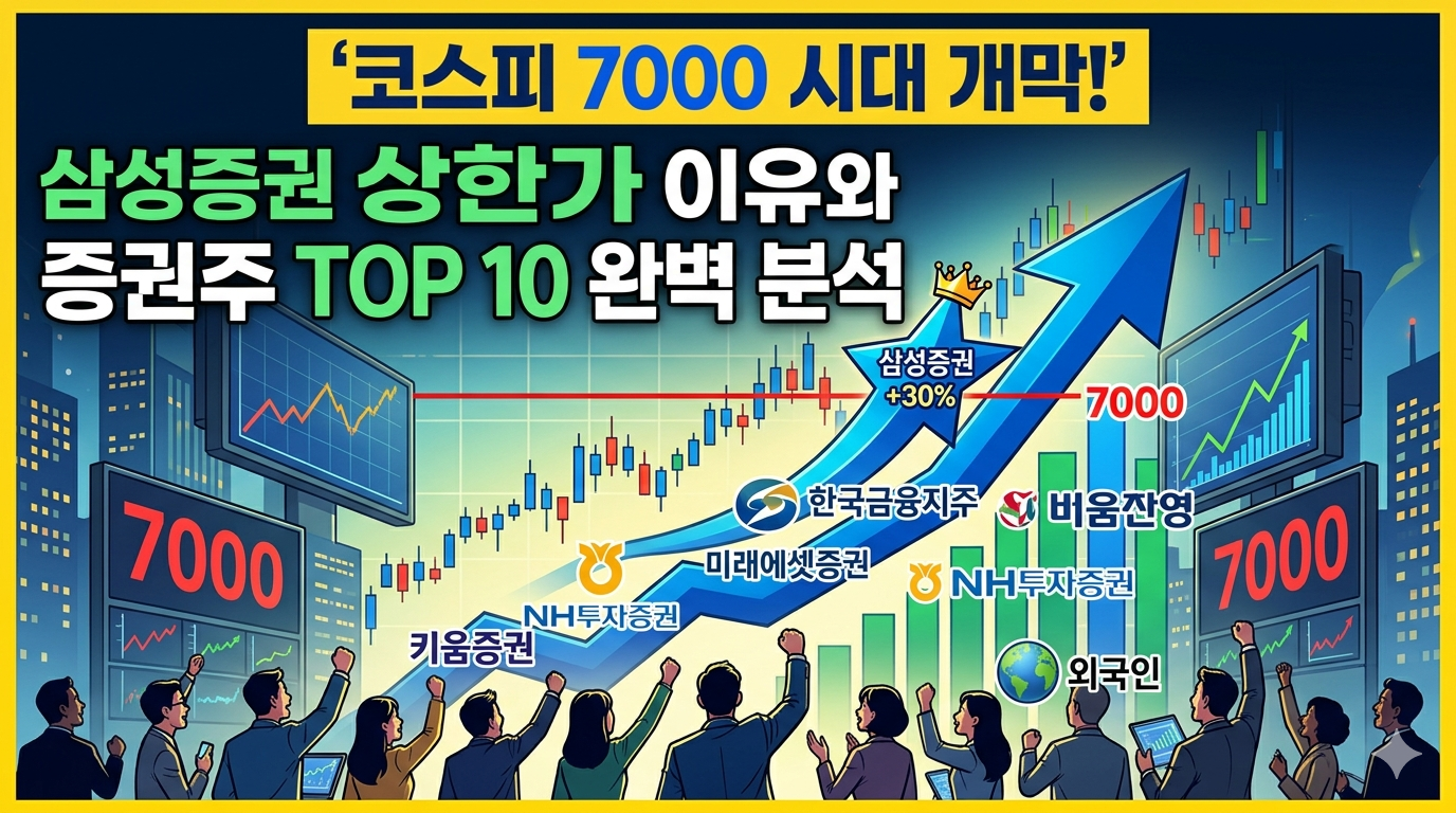 삼성증권과 IBKR 제휴를 통한 외국인 한국 주식 투자 활성화 및 증권주 전망 분석 인포그래픽 썸네일. 상단에 대형 한국어 텍스트로 '외국인 투자 봇물! 삼성증권 x IBKR 제휴 파급효과와 증권주 TOP 10 전망'이 적혀 있다. 중앙에는 'WON', 'USD', 'EUR'가 그려진 글로벌 화폐 바구니를 마주 잡은 두 사람의 악수 이미지와 '삼성증권', '인터랙티브 브로커스(IBKR)' 화살표가 '통합계좌 제휴'로 모이는 모습이 그려져 있다. 그 아래로 '핵심 영향 분석'이라는 텍스트와 함께 '1 거래 절차 간소화', '2 신규 자금 유입', '3 시장 접근성 확대', '4 브로커리지 수익 증대' 아이콘 리스트가 있다. 하단에는 '삼성증권', '한국금융지주', '미래에셋증권', '유안타증권', '한화투자증권', 'NH투자증권', '교보증권', '코리아에셋증권' 로고가 그려진 탭들이 있고, 그 옆으로 환호하는 투자자들과 'TOP 10 종목 7000', '+1,073' 등 상승 수치가 표시된 전광판이 있다. 배경으로는 상승하는 캔들차트 그래프와 '어닝 서프라이즈', '외국인 유입' 아이콘이 배치되어 활기찬 시장 분위기를 전달한다.