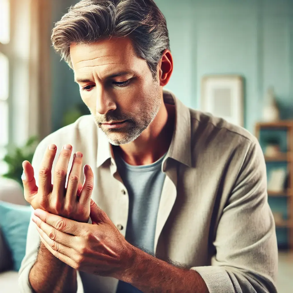 실내에서 손을 조심스럽게 주무르며 저림 증상을 느끼는 중년 남성의 초고해상도 사진