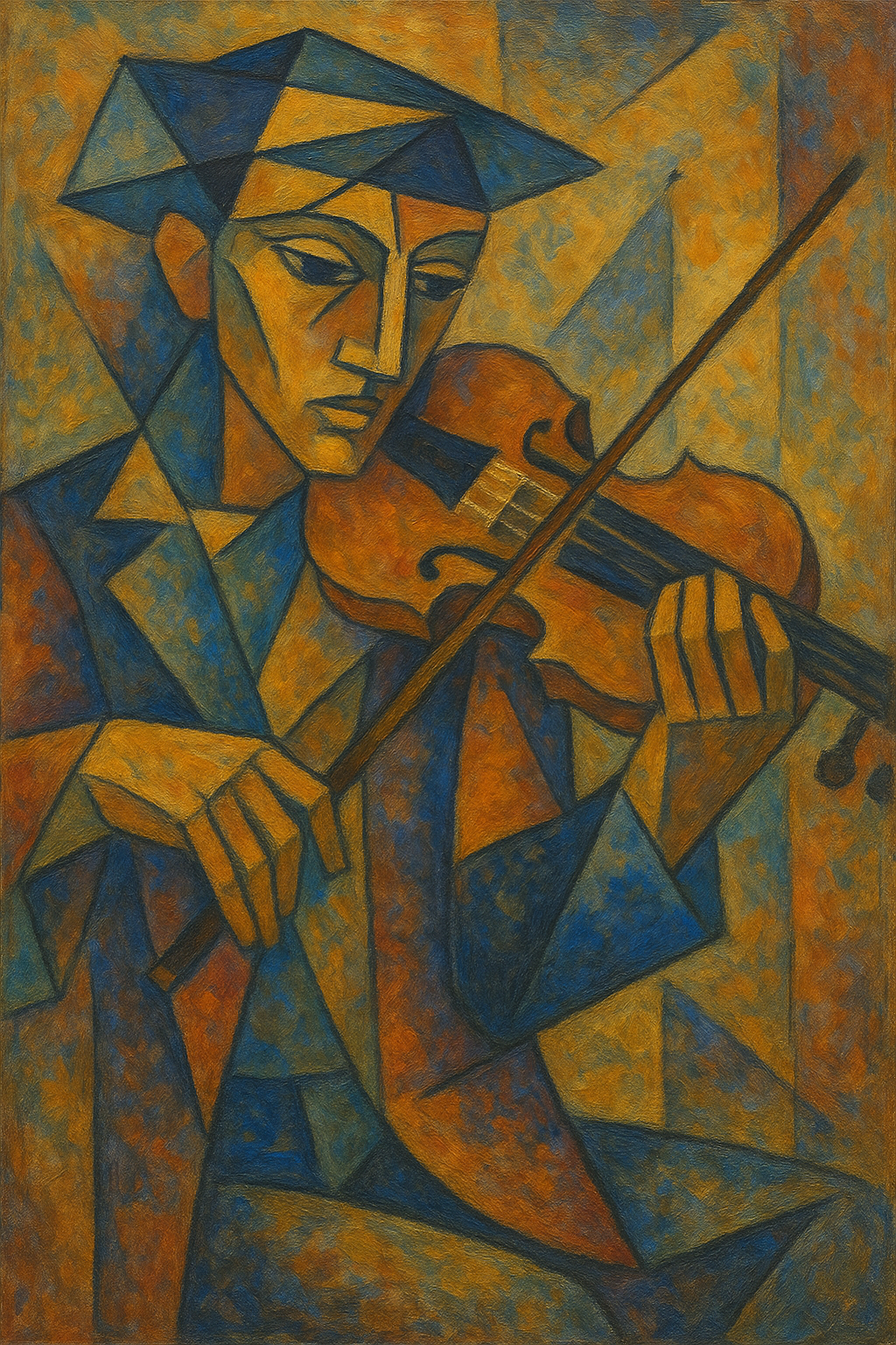 사용된 프롬프트 바이올린 연주하는 음악가, 피카소 스타일, 큐비즘