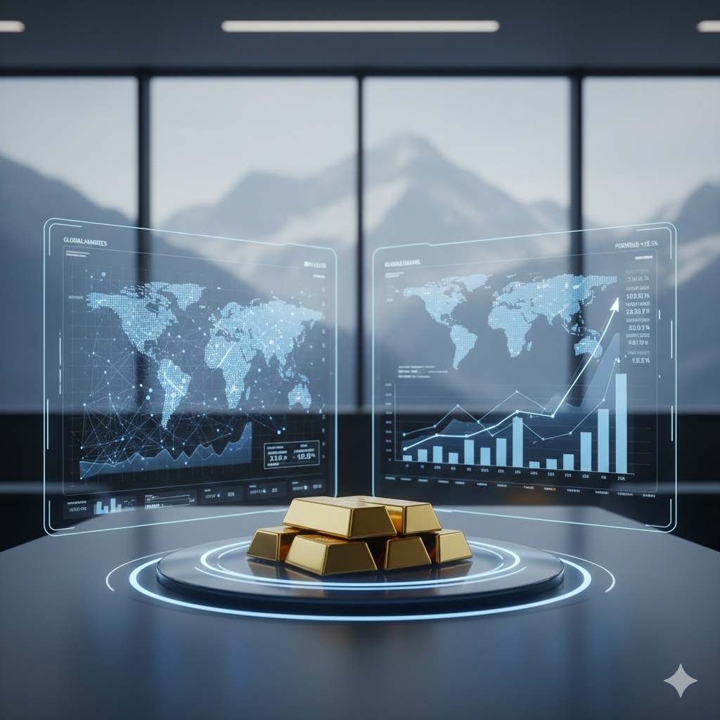 [A sophisticated digital interface showcasing global economic trends, AI neural networks, and golden bars symbolizing tangible assets in a high-tech Swiss financial setting.]