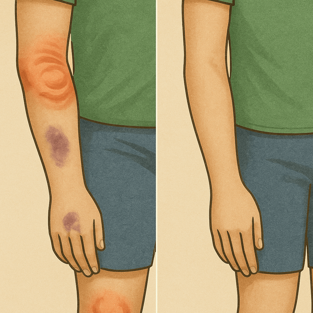 한 인물의 팔과 다리에서 왼쪽은 멍과 부종이 보이고, 오른쪽은 깨끗하게 회복된 모습이 대비되도록 표현된 일러스트