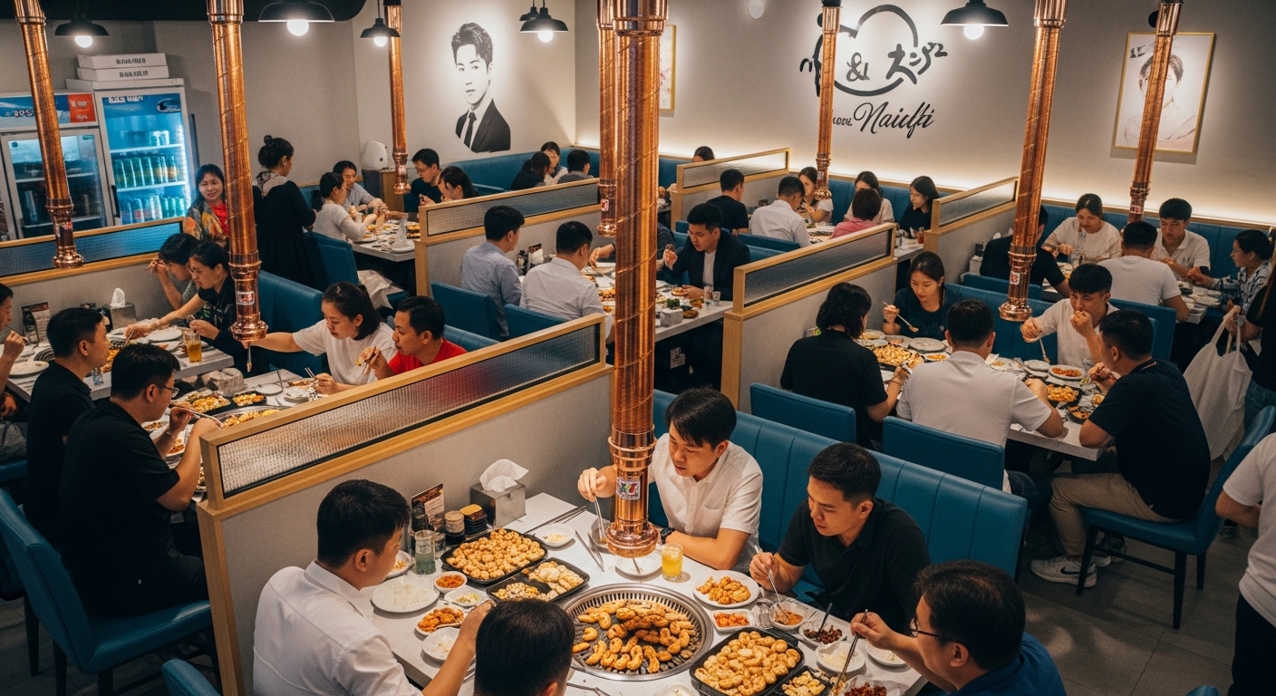 활기찬 분위기의 깔끔하고 현대적인 곱창 전문점 내부에서 손님들이 맛있게 식사하는 모습.