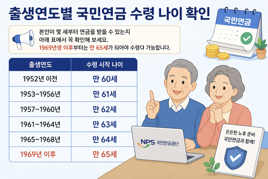 국민연금 수령 나이 출생연도별 기준 확인 표 인포그래픽