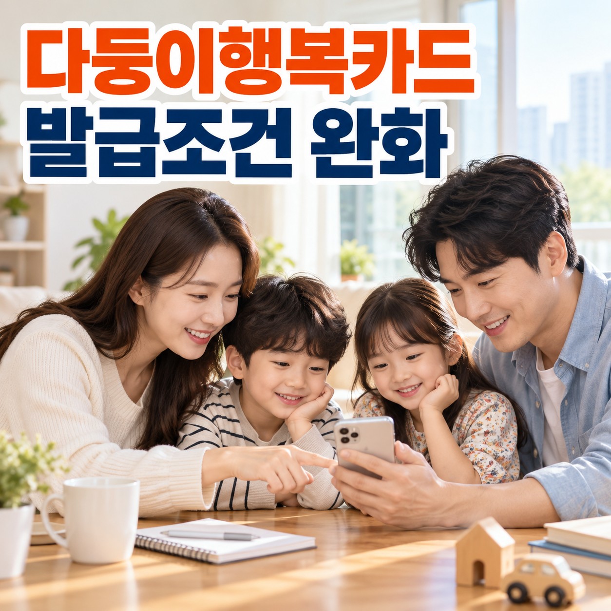 두 자녀와 함께 스마트폰을 보며 웃고 있는 부모의 모습과 다둥이행복카드 발급조건 완화 문구