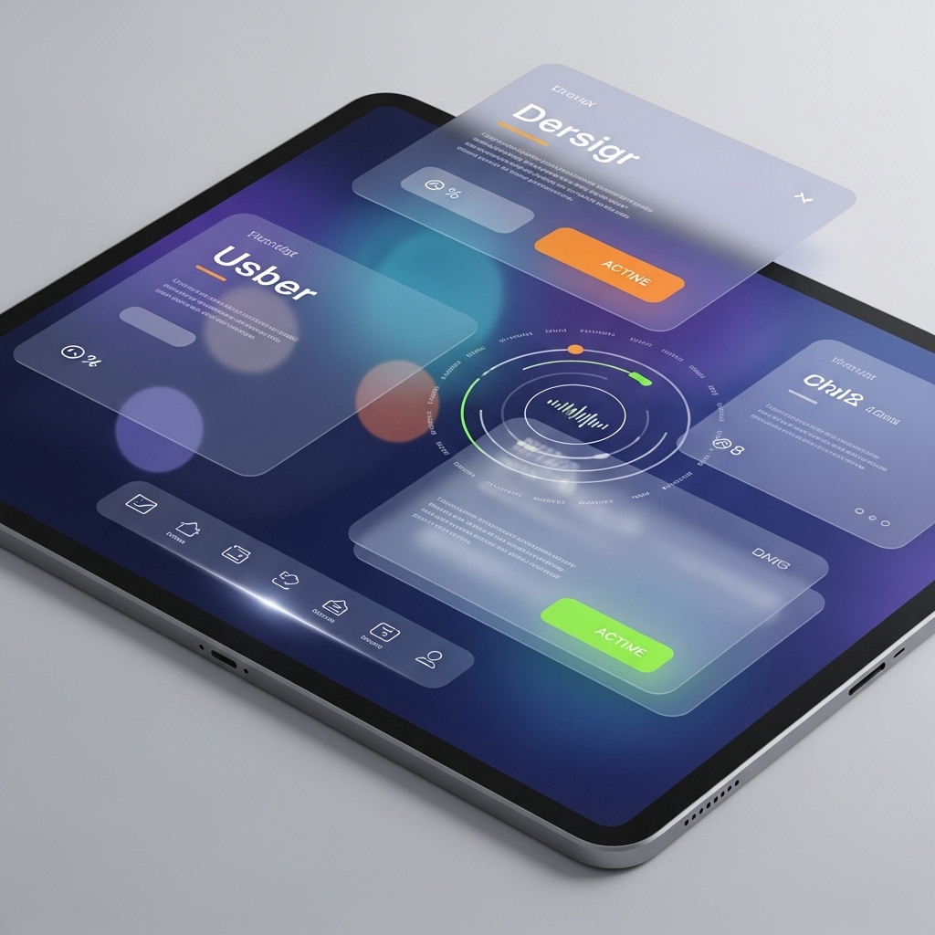 태블릿 화면에 AI가 생성한 추상적인 UI/UX 디자인 컨셉이 표시된 모습