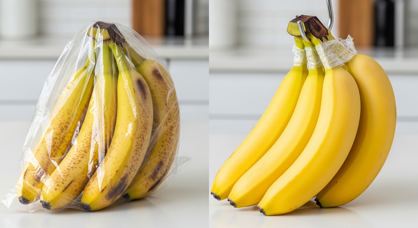 바나나를 잘못 보관한 예(검게 변한 비닐봉투 속 바나나)와 올바르게 보관한 예(바나나 걸이에 걸린 신선한 바나나)를 비교하는 이미지.