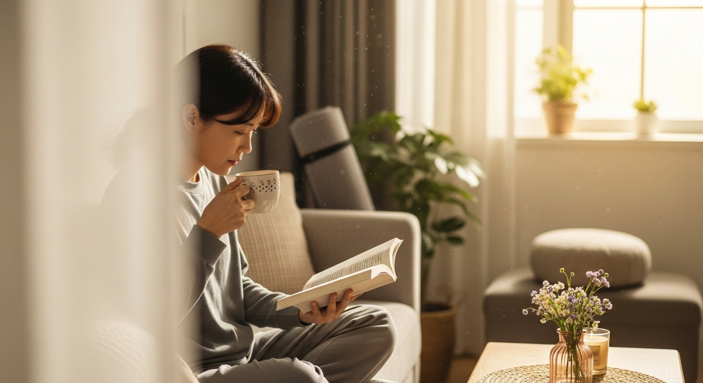 편안하게 차를 마시며 책을 읽는 30대 한국인, 자신만의 회복 시간을 보내는 모습을 보여줍니다.