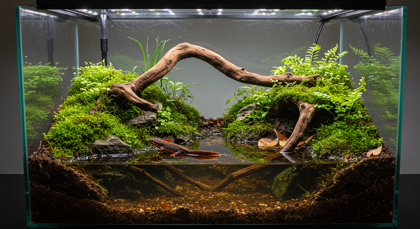 히말라야뉴트가 살고 있는 잘 만들어진 팔루다리움 사진