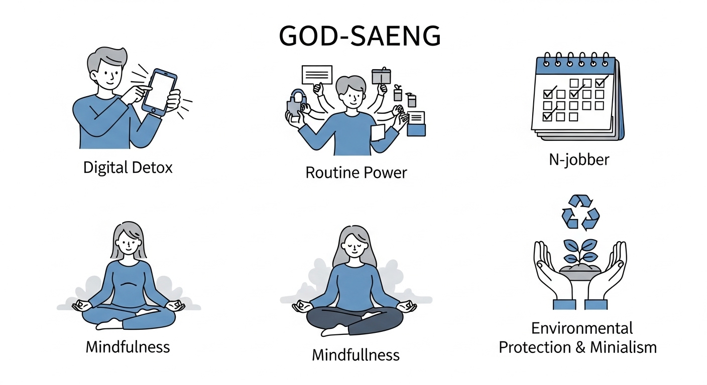2025년 MZ세대의 주요 갓생 키워드인 디지털 디톡스, 루틴 파워, N잡러, 마음 챙김, 환경 보호를 상징하는 아이콘과 이미지들.