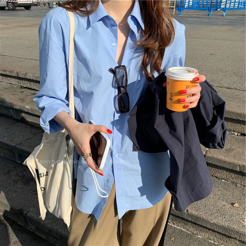 여성 블루셔츠 루즈핏 솔리드 롱