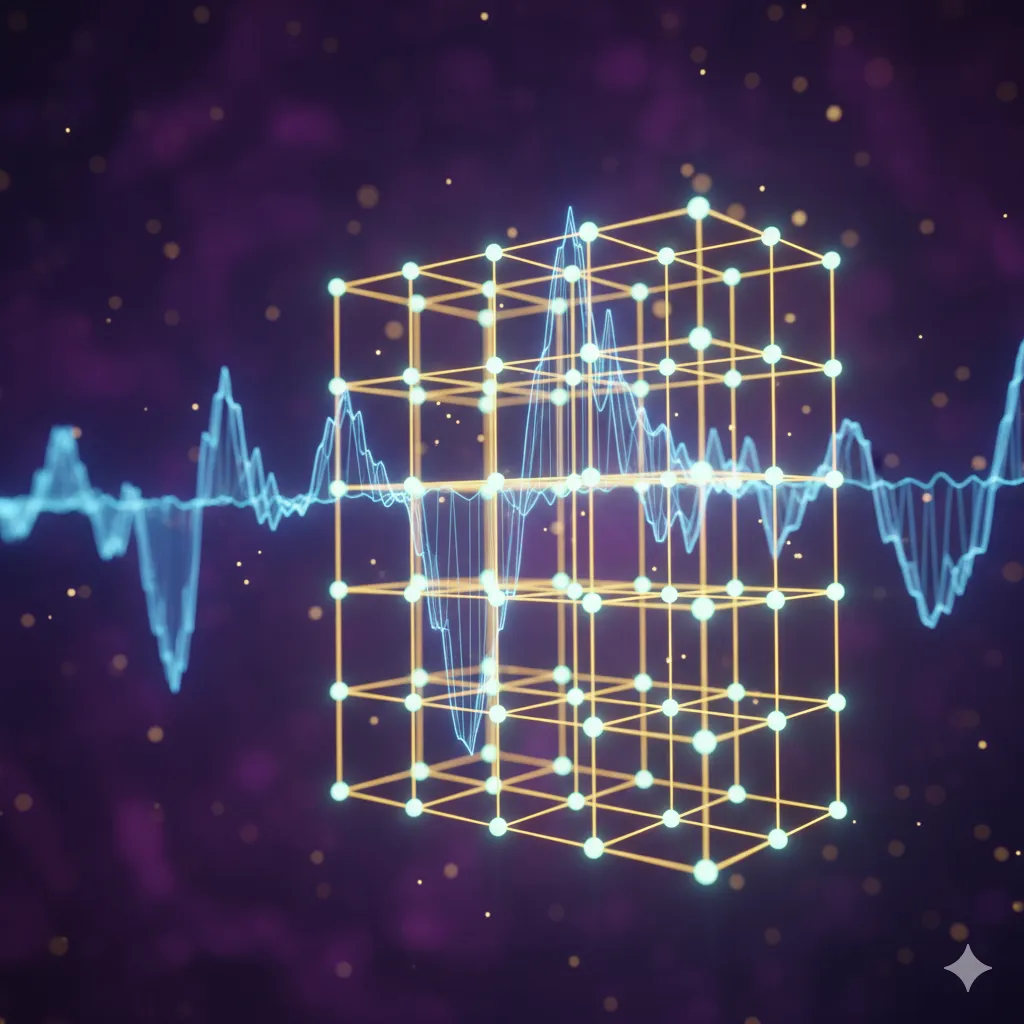 자나두 양자컴퓨팅: 자나두(Xanadu)의 GKP(Gottesman-Kitaev-Preskill) 오류보정 개념을 시각화한 이미지. 불규칙한 양자 파동(오차)이 빛나는 격자 구조(GKP 코드) 안으로 수렴하며 정확한 위치에 '스냅'되는 순간을 표현함. 짙은 보라색 배경에 푸른색 파동과 황금색 격자, 청록색 격자점이 대비되어 오류가 보정되는 과정을 직관적으로 보여주는 고급스러운 양자 시각화. (Xanadu GKP error correction, quantum error correction, Gottesman-Kitaev-Preskill, quantum grid, photonic wave, error snapping, quantum visualization)