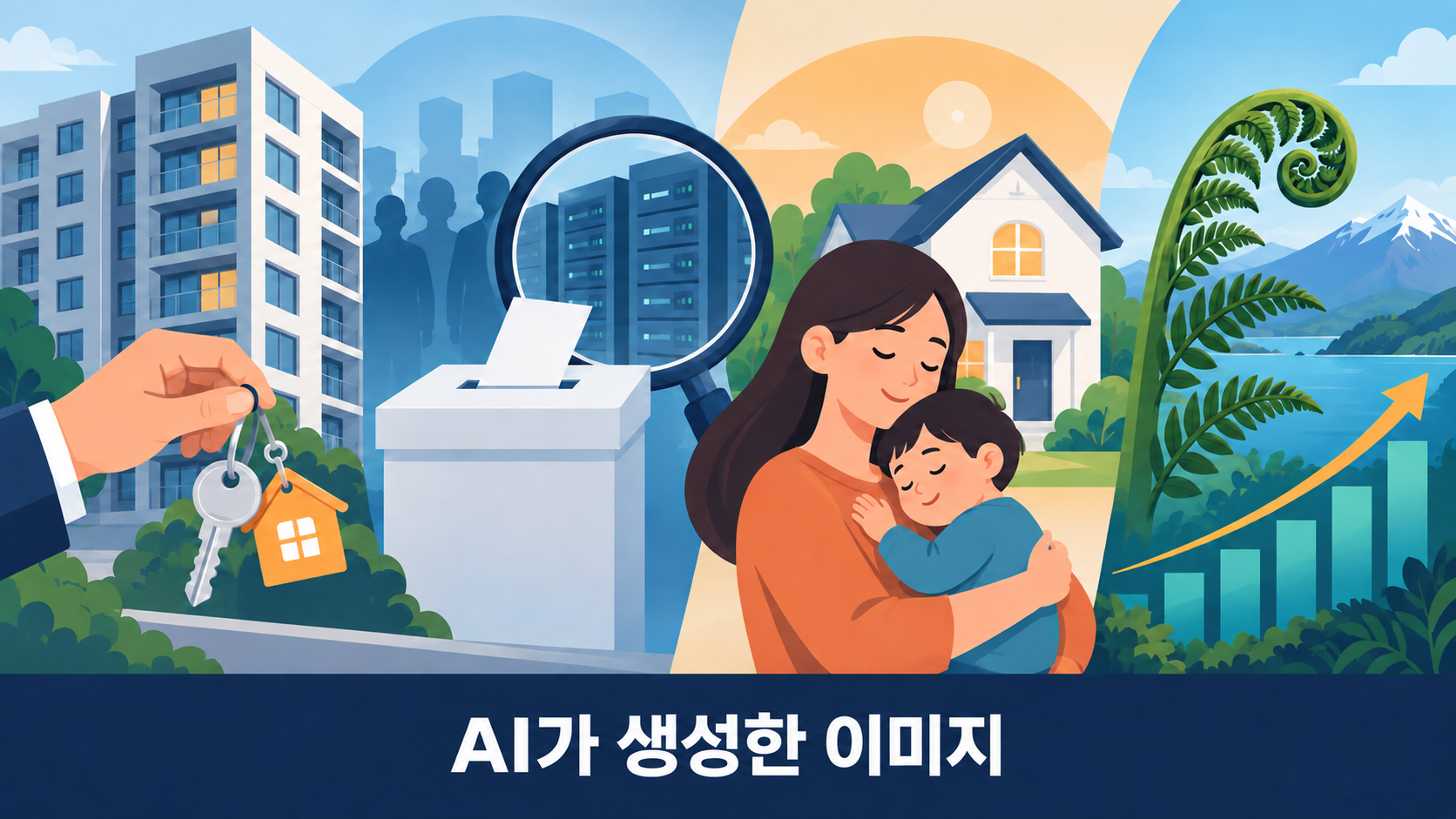 부동산 실거주 유예, 선거관리 수사, 한부모 지원, 뉴질랜드 경제를 상징한 2026년 9월 17일 점심 뉴스 AI 일러스트