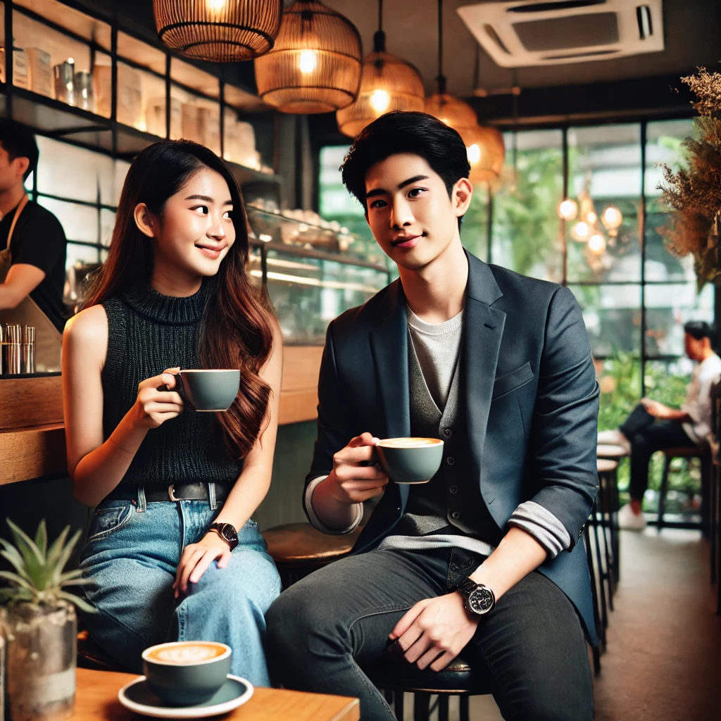 젊은 남녀가 카페에서 여유롭게 즐기는 사진